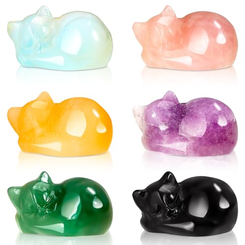 Barydat 6 Pieces Crystal Figurines Cat Statues Cute Cat Mother's Day Decor Gemstone Decor Small Carved Sculpture for Women Gifts for Kitty Lover Office Home Animal Stone Decoration