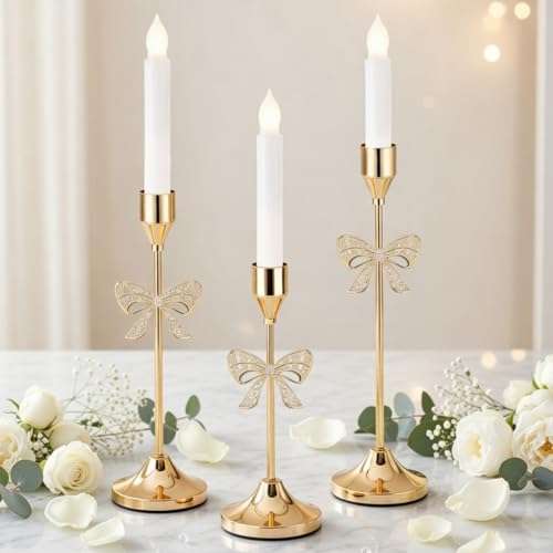 Ceenna 3 Pcs Gold Bow Taper Candle Holders, 3 Size Gold Bowknot Candlestick Holders, Candle Holder Vintage Decorative for Table Centerpiece Mantel Decor Holiday Housewarming Gifts - style: Bowknot