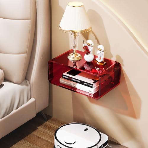 Acrylic Floating Nightstand, Bedside Table, Nightstand Shelf Wall Mounted Bedside Shelf (Red, Small) - color: Red