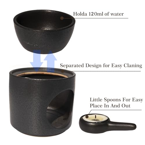 | Wax Burner | Tealight Warmer Ceramic | Wax Melt Candle Melter| Duftlampe | Scented Oil Diffuser with Tealight | Size H*11cm ø10cm with Removable Bowl & Tealight Holder | Matt Painting - color: Black