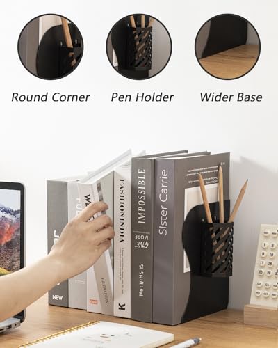Kingsmile Book Ends, Adjustable Bookends for Shelves, Metal Bookends for Heavy Books, Book Stopper Organzier with Pen Holder for Desk, Kids Room, Office, Classroom, Library, Study Room.(Black) - color: Black