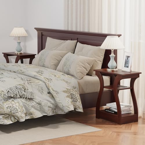 FROMJBEST End Tables Living Room, Cherry End Table with Charging Station, Nightstand for Bedroom, 3 Tier End Table with Storage Shelf for Living Room(Cherry) - color: Cherry