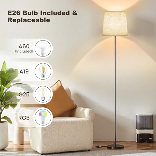 SIBRILLE Floor Lamp with Linen Shade - 62" Dimmable LED Standing Lamp with Remote Control, 9W E26 Bulb Included, 3000-6000K, Modern Floor Reading Light for Bedroom Living Room Office Corner, Black - color: Beige