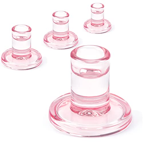 4PCS Pale Pink Taper Candle Holders, Glass Crystal Candlestick Holders Bulk, Clear Candle Holders for Dining Table Centerpiece - color: Pink 4pcs