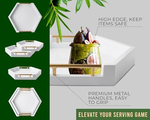 Comfify Honeycomb Wooden Serving Trays with Golden Handles – Set of 2 Hexagon Nesting Trays – Large and Small Wood for Food, Ottoman Decor, Coffee Table, Kitchen, Breakfast - White