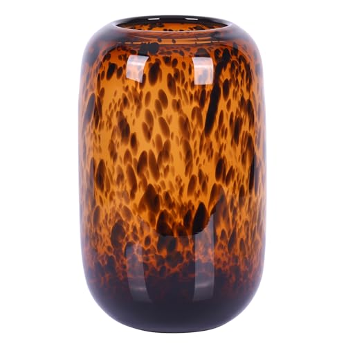 Amber Brown Glass Vase – Round Art Glass Vase with Tortoise Shell Pattern, Hand Blown Wide Mouth Decorative Centerpiece for Living Room, Dining Table or Entryway Home Decor - size: Large