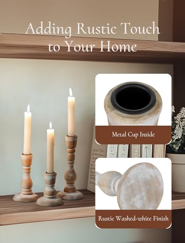 Wooden Candlestick Holders Rustic: Farmhouse Wood Taper Candle Holders Boho Candle Sticks Holder Fall Decor for Dinning Table Mantle Party Holiday Christmas Wedding Home Set of 3 - size: 3.7"/5.8"/7.8" H - 3Pcs