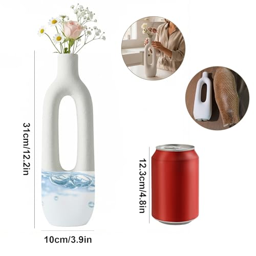 12 inch Tall Ceramic Flower Vase for Dried Flowers, Modern Sculptural Farmhouse Vase with Oval Cutout, Skinny White Centerpiece for Home Office and Wedding Decor - color: White a