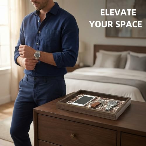 Zosenley Wooden Valet Tray with Leather Base - Nightstand Catchall Organizer for Cologne, Perfume, Keys, Wallet, Phone, Watch, Jewelry & Sunglasses (Bohemian) - color: Bohemian