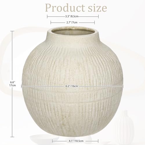 7" Short Round Clay Vase with Vertical Engravings Texture, Sand-Grain Tactile, Wide Ceramic Vase for Cafe Centerpiece Decor, Bohemian Style, Small & Beige White - color: 7" Cream White