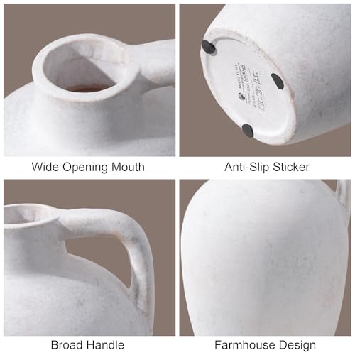 Ceramic Flower Vase with Handles,10" Neutral Tall Clay Beige Terracotta Vases Farmhouse Table Vases with Handle Living Room Decor Rustic Pottery Pots for Home Shelf Coffee Dining Desk Fireplace - color: C-10"h-antique Beige