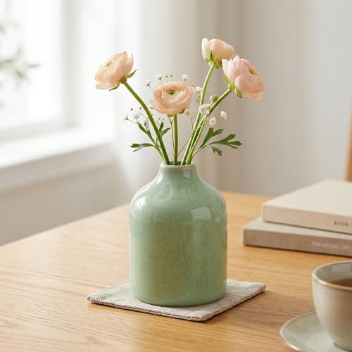 Sunddo Ceramic Flower Vase, 5 Inch Small Cute Green Vase for Centerpieces, Modern Farmhouse Bottle for Living Room, Table, Book Shelf, Window Sill, Bedroom, Office Desk Decor - color: Green, size: 5 inch