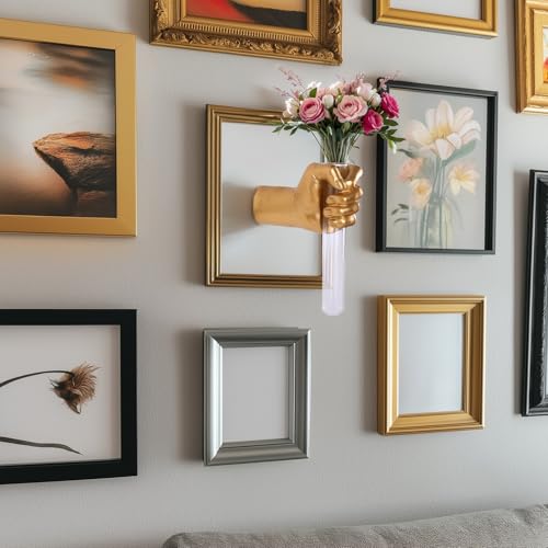 Gold Wall Sculptures, Hand Vases Home Decor, Wall Mount Art Sculpture, Unique Wall Art Statue, Funky Flower Vase Decorations, Modern Eclectic Hanging Decor,Glass Test Tube Vase - color: Gold