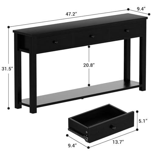 Homieasy Farmhouse Console Table with 3 Drawers, 47 Inch Wood Sofa Table with Storage Shelf for Living Room, Behind Couch, Entryway Table for Hallway, Living Room, or Foyer, Black
