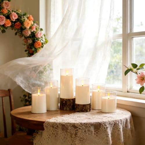 kakoya Flickering Flameless Candles Battery Operated with Remote and 2/4/6/8 H Timer Acrylic Led Pillar Candles Pack of 9 (D 3" xH 4" 5" 6") with Realistic 3D Wick Candles for Home Decor(White) - color: White-9