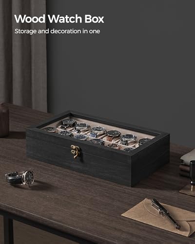 SONGMICS 12-Slot Watch Box, Watch Display Case with Large Glass Lid, Removable Watch Pillows, Velvet Lining, Gift Idea, Ebony Black UJOW120B01 - color: Ebony Black, size: 1 Layer 12 Slot