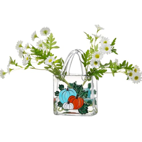 Glass Wallet Vase, Hand Painted Embossed Tote Bag with Handle, Thick Clear Glass Vase for Centerpiece, Fish Tank, Cute Home Decor Gift (Blue Pumpkin) - color: Blue Pumpkin