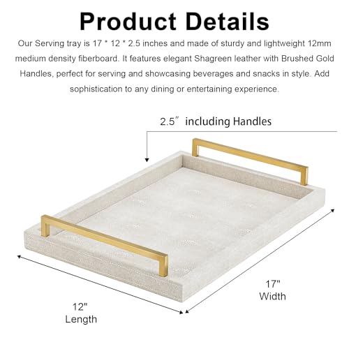 XIGEXIGE Ivory Shagreen Decorative Tray Large Rectangle Coffee Table Tray for Ottoman Faux Leather Serving Tray with Brushed Gold Handles - color: Ivory, size: 17" x 12" x 2.5"