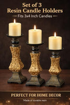 Ornate Resin Pillar Candle Holders Set of 3 Baroque Gothic Decorative Candlesticks in Black & Gold (8", 10", 12") for Home Decor, Weddings & Centerpieces