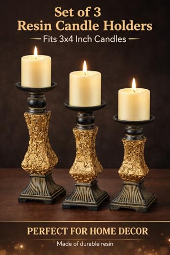 Ornate Resin Pillar Candle Holders Set of 3 Baroque Gothic Decorative Candlesticks in Black & Gold (8", 10", 12") for Home Decor, Weddings & Centerpieces