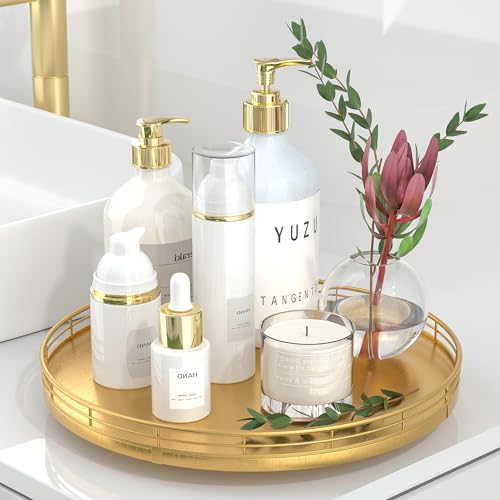 12" Gold Lazy Susan for Table Top, Oak Wood Lazy Susan Turntable Organizer for Dining Coffee Table Centerpiece Bar Decor Kitchen Countertop Bathroom Vanity Decorative Tray for Perfume Jewelry Round - color: Golden, size: 12