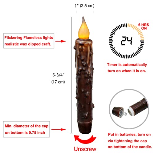CVHOMEDECO. Real Wax Hand Dipped Battery Operated LED Timer Taper Candles Rustic Primitive Flameless Lights Décor, 6-3/4 Inch, Brwon, 6 PCS in a Package - color: Brown 6 Pcs