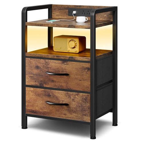 Lazzanto Night Stand Bedside Table Bedroom - Nightstand with Charging Station, Night Stand with LED Light Strip, End Table with U-S-B Ports & AC Outlets, Storage Shelf & 2 Fabric Drawers, Rustic Brown - color: Rustic Brown, size: 2 Drawers