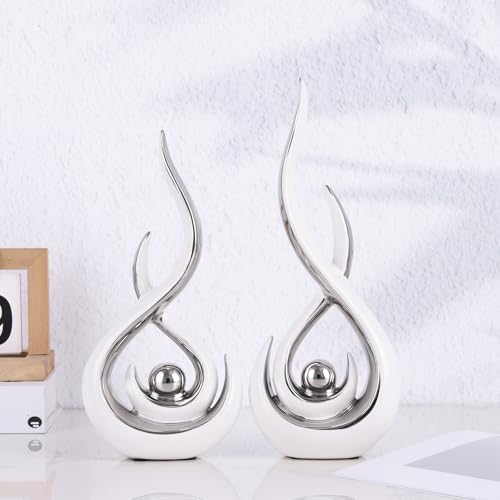 Ceramic Abstract 2 Piece Statue Set, White and Silver Home Decor Accents for Home Decor Statue Mantle Shelf Unique Decor, TV Cabinet Partition Table Top and Dining Table Centerpiece. - color: Ws