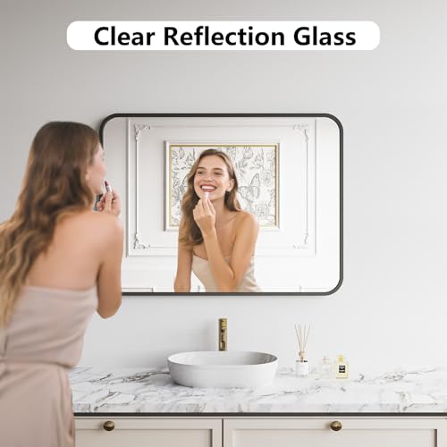 Koonmi Bathroom Mirror, 30X40 Inch Black Metal Framed Mirror for Bathroom, Tempered Glass, Anti-Rust, Rounded Rectangle Mirror for Restroom, Bedroom, Black - color: Rounded Edged, size: 40"L x 30"W