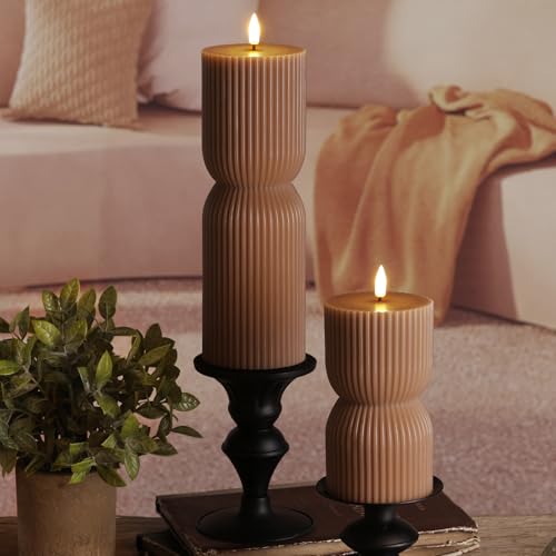 Warm Brown Ribbed Flameless Pillar Candles with Remote, Real Wax Flickering Battery LED Candles Christmas Decor Gift Set of 2 - color: Amber Brown