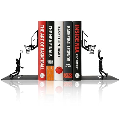 Basketball Bookends Decorative Metal Book Ends for Shelves, Matte Black Iron Basketball Player & Hoop Design, Unique Book Holders and Stoppers for Office Decor - color: Basketball