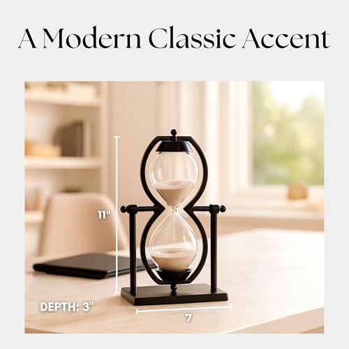 Metal & Glass Decorative Sandtimer– Accent for Table Top & Shelf, Coffee Table Decor for Living Room – Indoor Home Decor, Modern Stylish Tabletop Accessories Accent Piece – 11", Black