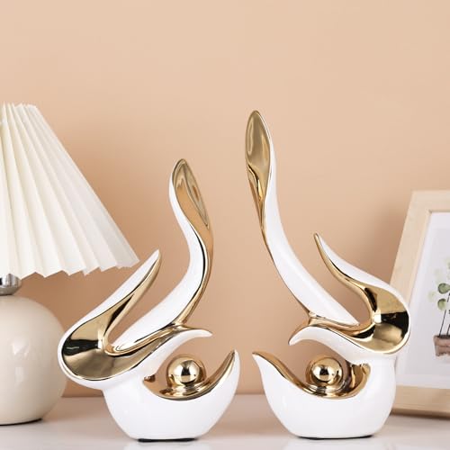 Mid Century Modern Abstract Art Home Decor Accent,Porcelain Statues for Living Room Coffee Table Centerpieces for Dining Room,Ceramic Sculptures and Gold Knick Knacks for TV Stand Decor (White Gold) - color: White Gold