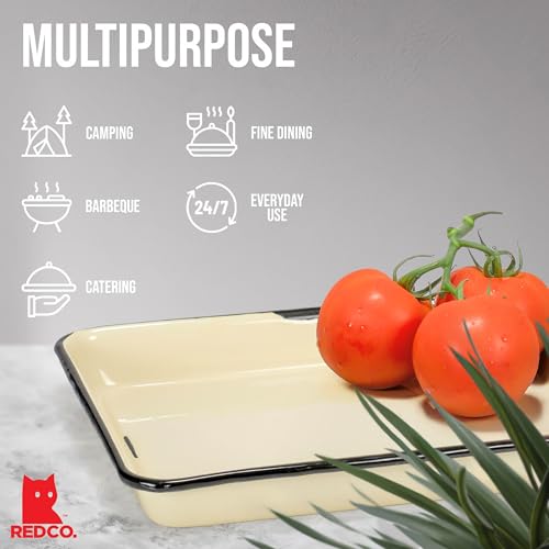 Red Co. 11 x 9 Enamelware Metal Classic 2 Quart Rectangular Serving Tray, Distressed Cream/Black Rim - color: Distressed Cream/Black Rim