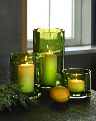 ARIAMOTION Hurricane Candle Holders Set 3, Spring Green Glass with Seeded Bubbles, Pillar Candle Holders Bulk,Cylinder Vase Centerpieces 10" 7" 4" Height
