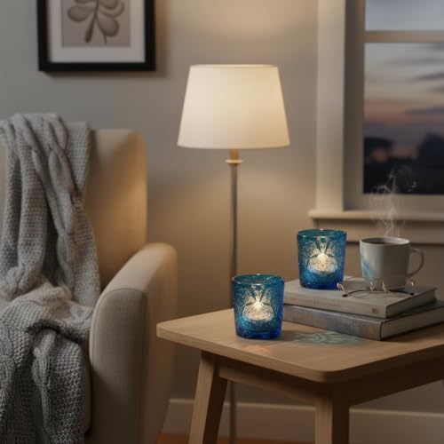 12 Pack Mandala Embossed Glass Candle Holders – Votive Tealight Holders with Patent Design, Decorative Embossed Glass Cups for Wedding Centerpieces, Parties, and Home Décor (Ocean Blue) - color: Ocean Blue