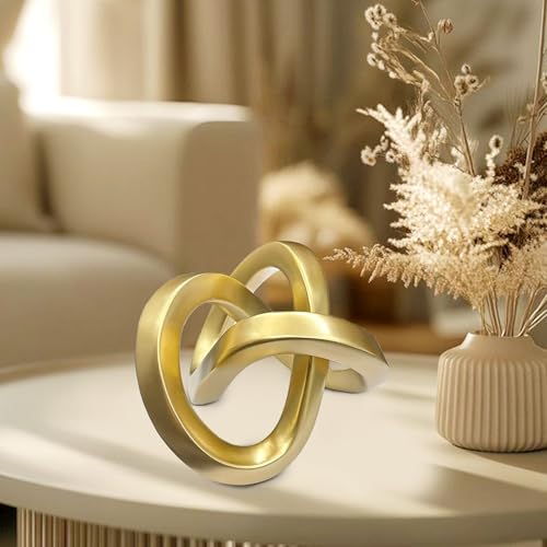 Gold Geometric Knot Sculpture - Resin Infinity Loop Decorative Statue for Coffee Table, Bookshelf Decor, Modern Home Accents - Small Tabletop Art Object