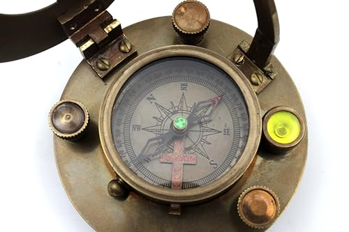 Brass Compass - Antique Brass Sundial Compass Marine Boat Gift Pocket Sun Dial in Box Nautical Marine Gift Sun Clock Pirate Ship Replica Watch - color: Red/Gold