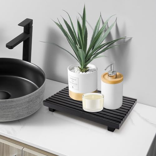 Renawe Black Bathroom Counter Tray Organizer Wood Riser Stand Kitchen Countertop Trays Wooden Pedesta Display Dish Soap Dispenser Holder for Bathroom Decor Sink Accessories Vanity Tray - color: Black, size: 12x6.7 inch