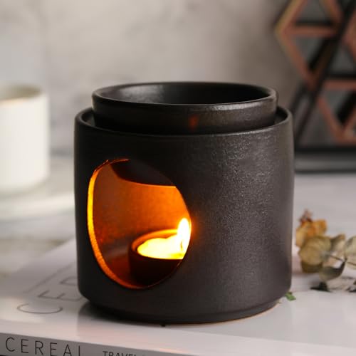 | Wax Burner | Tealight Warmer Ceramic | Wax Melt Candle Melter| Duftlampe | Scented Oil Diffuser with Tealight | Size H*11cm ø10cm with Removable Bowl & Tealight Holder | Matt Painting - color: Black