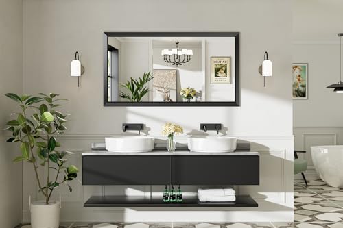 Briivue 55x30 Inch Black Bathroom Mirror for Wall, Thick Metal Framed Rectangle Mirrors for Over Sink, Bedroom, Living Room, Entryway, Anti-Rust, HD Tempered Glass - color: Black, size: 55"L x 30"W