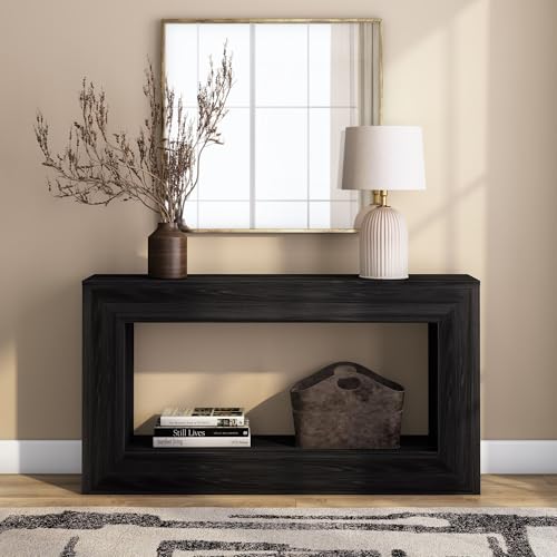 Plank+Beam Grande 56” Console Table with Bottom Shelf, Solid Pine Wood Entryway & Sofa Table, Black Wirebrush Finish - color: Black Wirebrush, size: 56 Inch with Shelf
