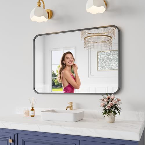 Koonmi Bathroom Mirror, 26X38 Brushed Black Rectangle Wall Mirror, HD Tempered Glass, Anti-Rust Frame Vanity Mirror, Rounded Rectangle Mirror for Restroom, Bedroom, Hangs Horizontal or Vertical - color: Rounded Edged, size: 38"L x 26"W
