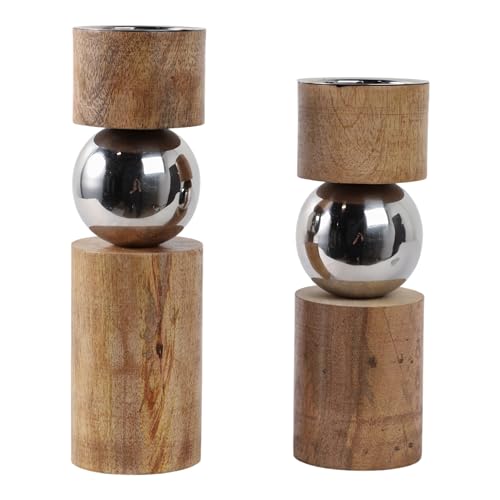 Modern Wood and Stainless Steel Candle Holders - Pillar Candlestick Holders for Table Centerpiece, Shelf, or Bedroom Decor - Decorative Candle Stand Holders for Home Decor Set of 2-13", 11" Tan