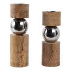 Modern Wood and Stainless Steel Candle Holders - Pillar Candlestick Holders for Table Centerpiece, Shelf, or Bedroom Decor - Decorative Candle Stand Holders for Home Decor Set of 2-13", 11" Tan