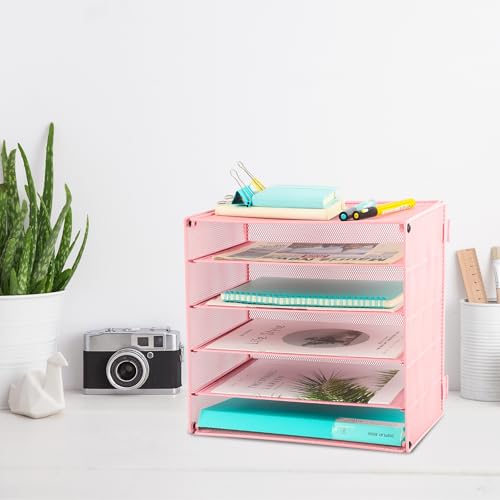 EASEPRES 5 Slot Mesh Desk Organizer Tray, File Paper Letter Folder Holder Desktop Paper Sorter Mail Organization Rack Storage Accessories, for Office Home School Classroom, Pink - color: 5 Tier Pink