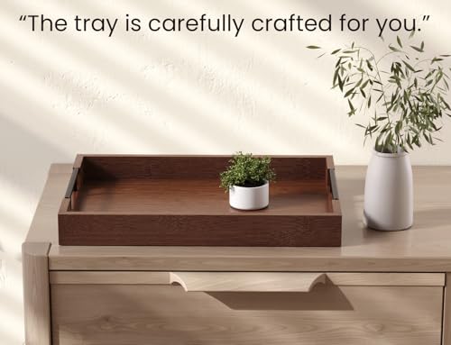 Fibogollo Bamboo Serving Tray with Metal Handles,17x12in Ottoman Decorative Trays Platter for Coffee Table,Living Room,Bar,Party,Large(Brown) - style: Brown-Large