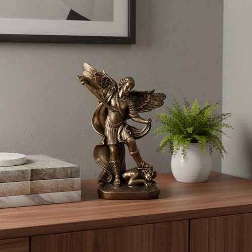 St. Michael the Archangel Statue – Bronze Finish Resin San Miguel Sculpture, Powerful Religious Decor for Home, Altar, or Prayer Room – 7.5 Inch Catholic Saint Michael Figurine - size: 5.32 x 2.36 x 7.48 inches