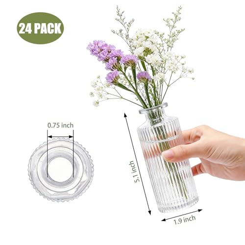 Nicunom 24 Pcs Glass Bud Vases Set, Small Vintage Ribbed Bud Vase in Bulk Decorative Vases Clear Mini Flower Vase for Centerpiece, Table Decorations, Wedding Reception, Home Decor, and Events