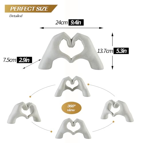 White Heart Hands Sculpture - 9.4" W Modern Home Decor Sculpture for Shelves, Desk & Living Room, Minimalist Shelf Decorations, Heart Hands Decor